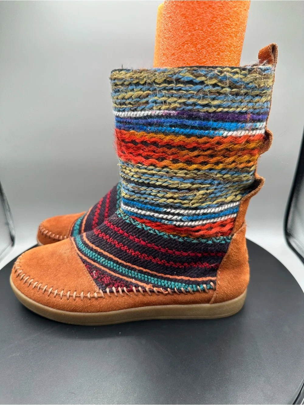 Toms Nepal Suede Woven Yarn Mid Boots Women 6 Brown Boho Stripe